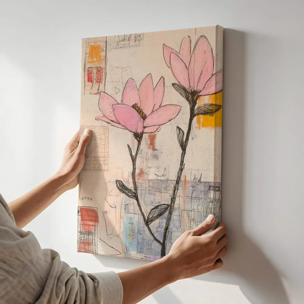 Sfeerimpressie: Roze lotusbloemen geschetst terwijl het aan de muur wordt gehangen