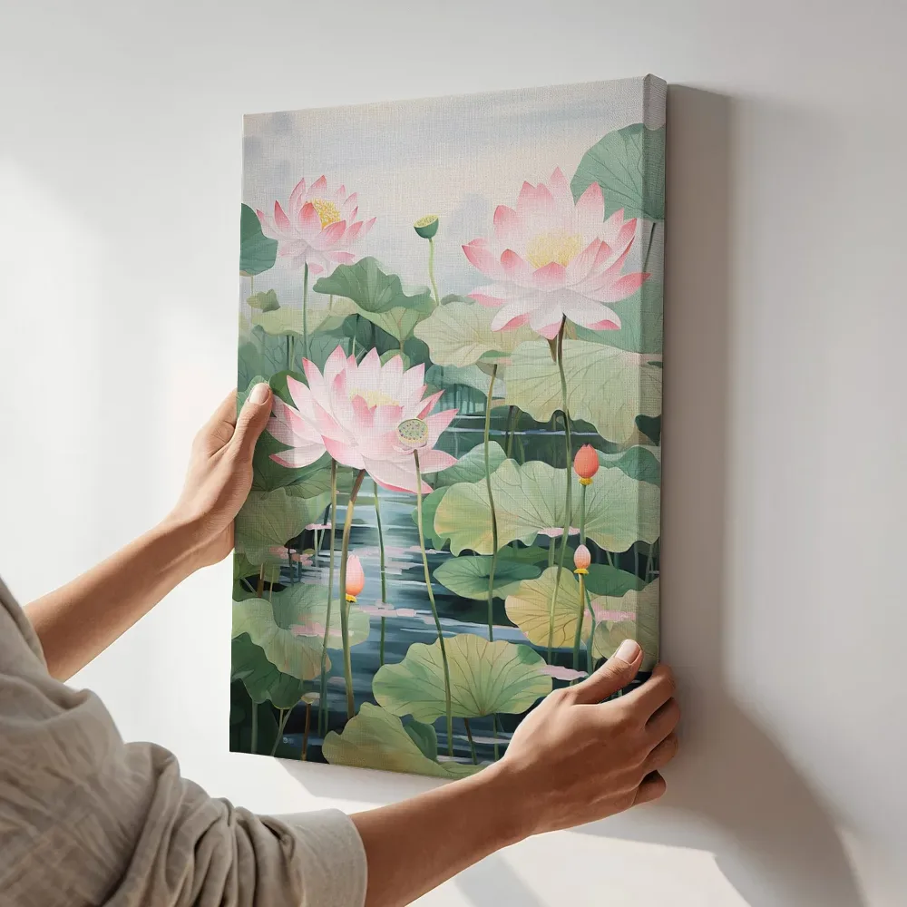 Sfeerimpressie: Roze lotusbloemen in de ochtend terwijl het aan de muur wordt gehangen