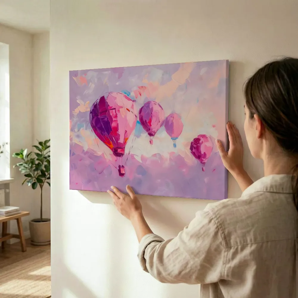 Sfeerimpressie: Roze luchtballonnen in pastel lucht terwijl het wordt opgehangen