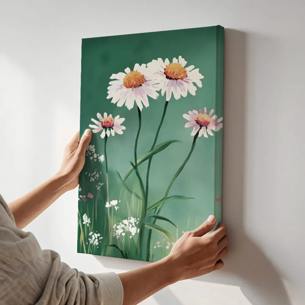 Sfeerimpressie: Roze madeliefjes op groene achtergrond terwijl het aan de muur wordt gehangen