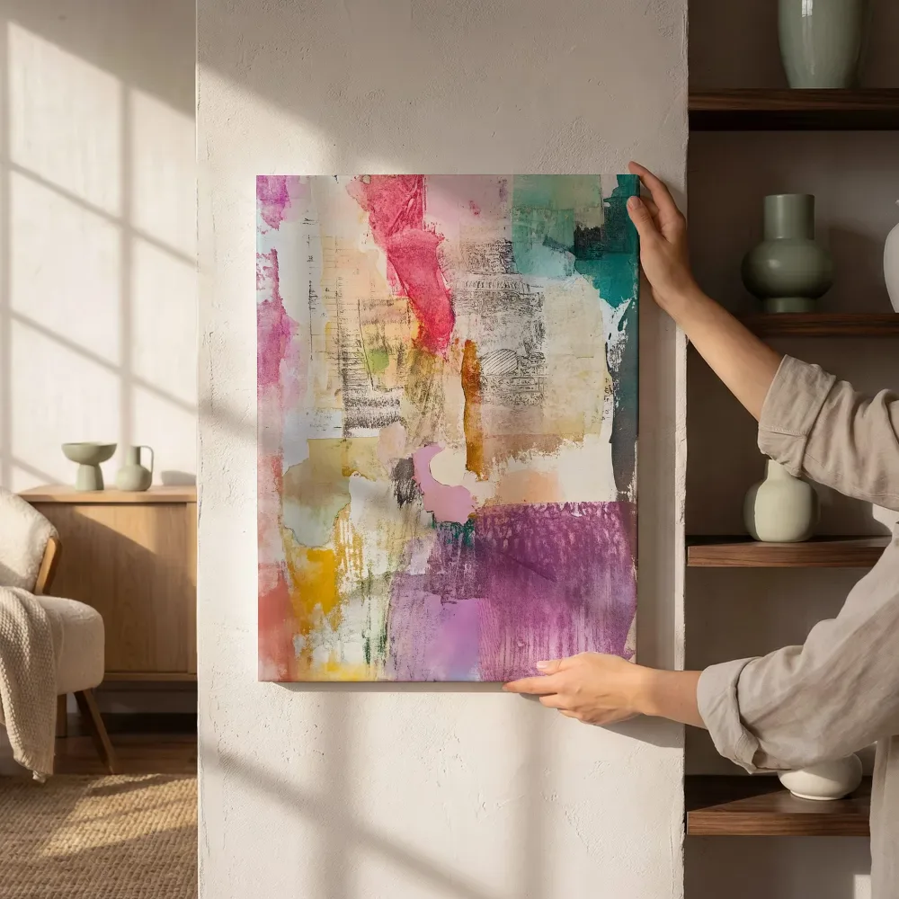 Sfeerimpressie: Roze magenta collage naast de kast