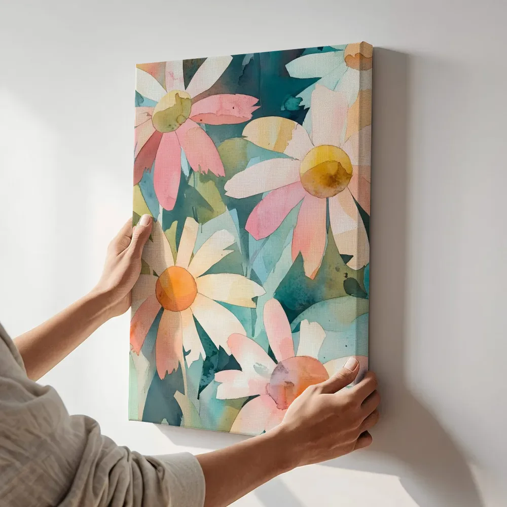 Sfeerimpressie: Roze margrieten aquarel terwijl het aan de muur wordt gehangen