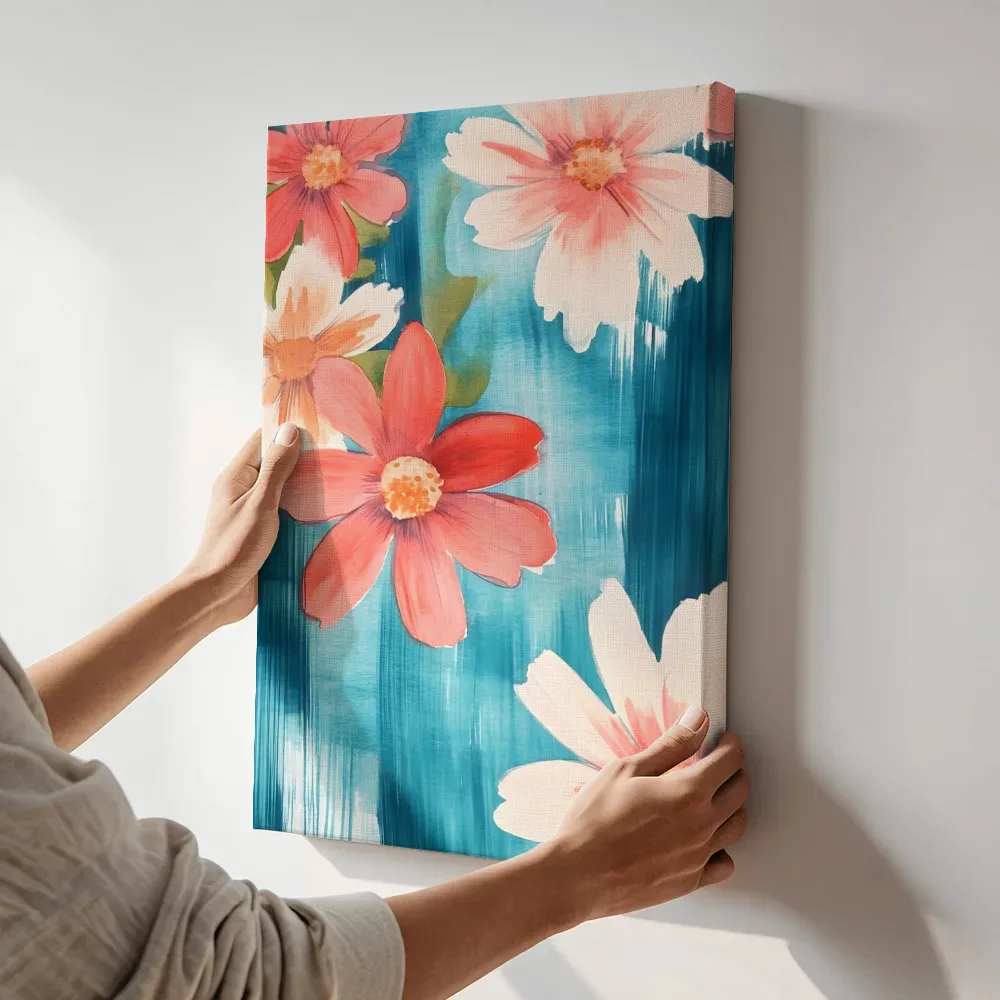 Sfeerimpressie: Roze margrieten op turquoise achtergrond terwijl het aan de muur wordt gehangen