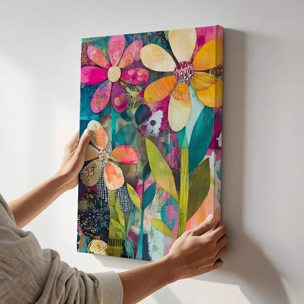 Sfeerimpressie: Roze oranje bloemencollage terwijl het aan de muur wordt gehangen