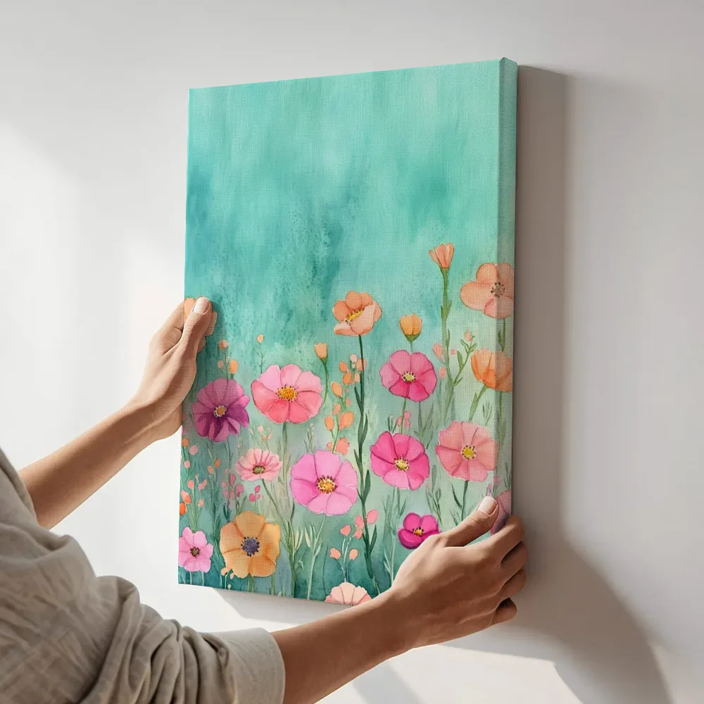 Sfeerimpressie: Roze en oranje klaprozenweide terwijl het aan de muur wordt gehangen