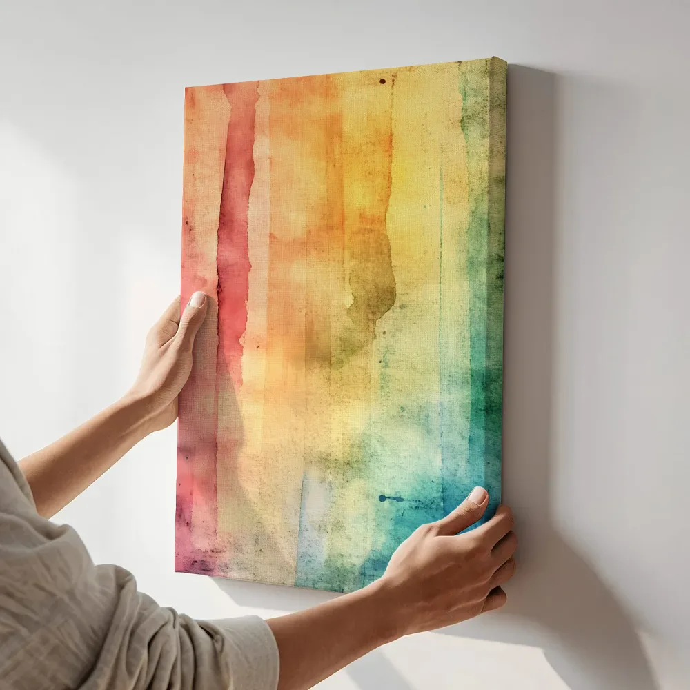 Sfeerimpressie: Roze oranje turquoise verloop terwijl het aan de muur wordt gehangen