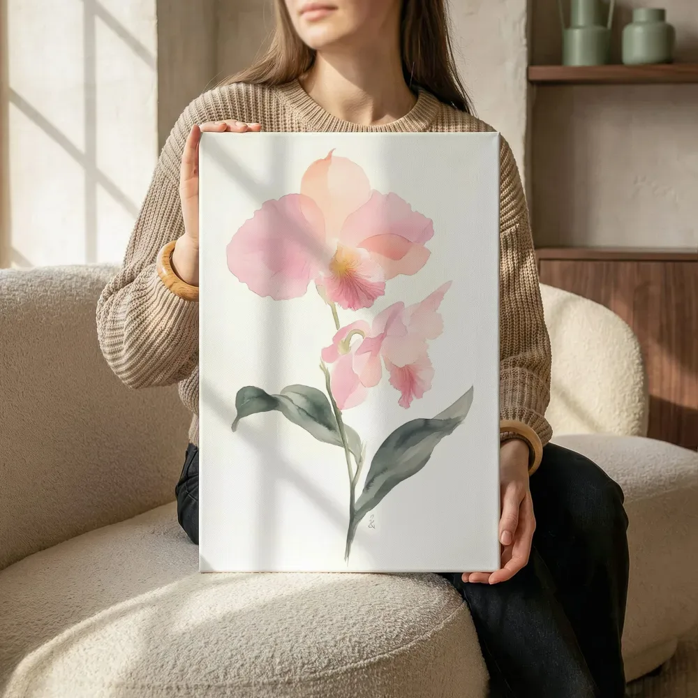 Sfeerimpressie: Roze orchidee aquarel terwijl het zittend wordt getoond