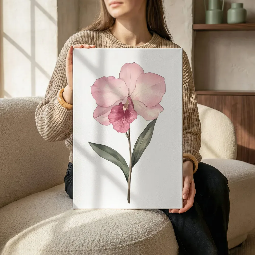 Sfeerimpressie: Roze orchidee op crème terwijl het zittend wordt getoond