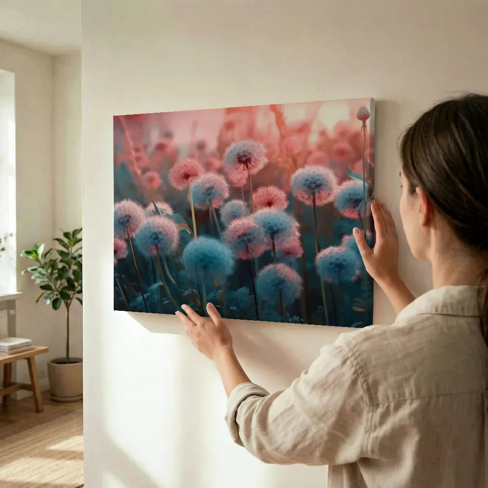 Sfeerimpressie: Roze paardenbloemen in blauw licht terwijl het wordt opgehangen