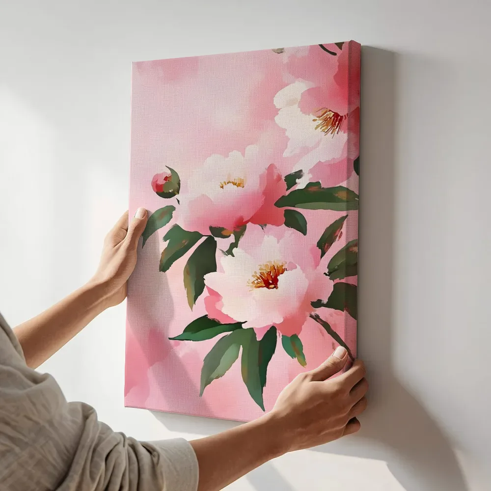 Sfeerimpressie: Roze pioenrozen close-up terwijl het aan de muur wordt gehangen