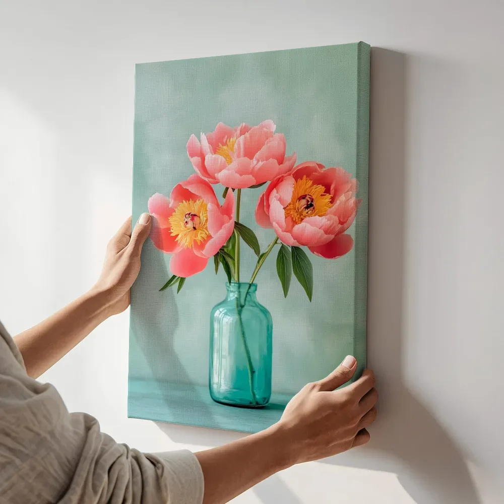 Sfeerimpressie: Roze pioenrozen in glazen fles terwijl het aan de muur wordt gehangen