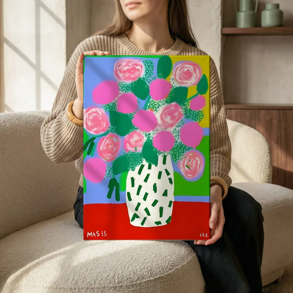 Sfeerimpressie: Roze pop-art bloemen terwijl het zittend wordt getoond