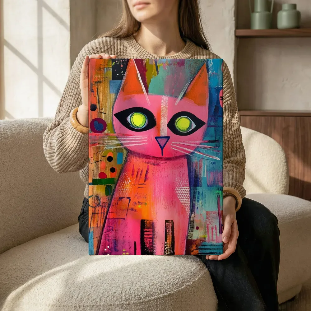 Sfeerimpressie: Roze pop-art kat terwijl het zittend wordt getoond