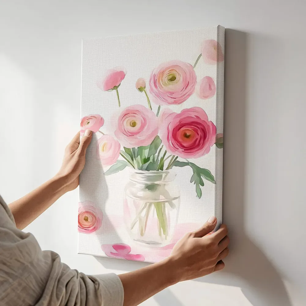 Sfeerimpressie: Roze ranonkel boeket in jampot terwijl het aan de muur wordt gehangen