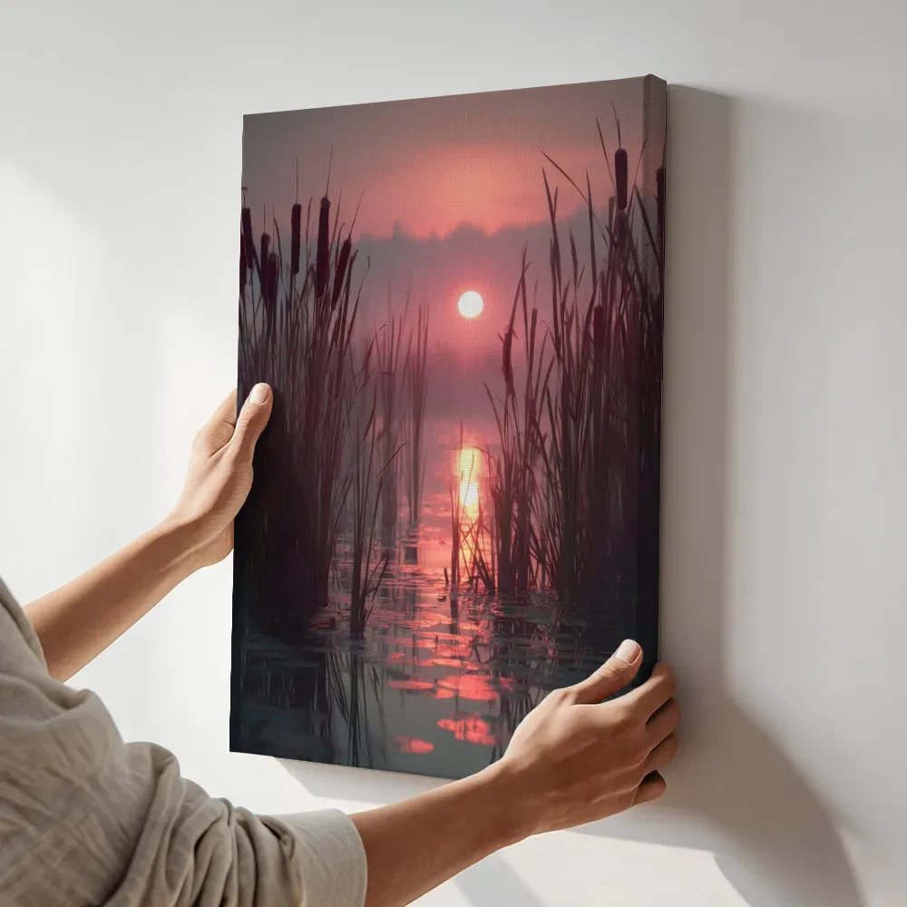 Sfeerimpressie: Roze rietmoeras bij zonsondergang terwijl het aan de muur wordt gehangen