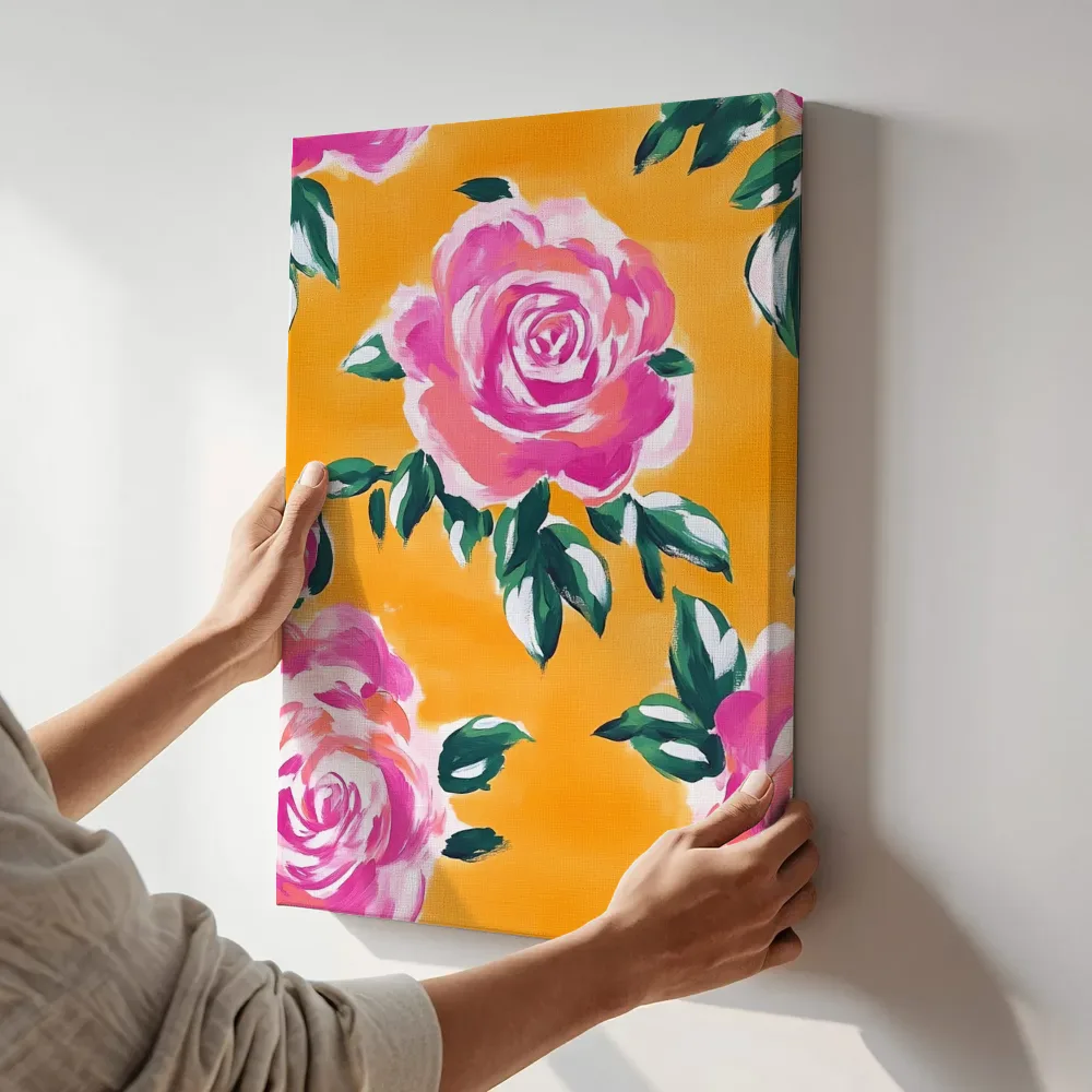 Sfeerimpressie: Roze rozen patroon terwijl het aan de muur wordt gehangen