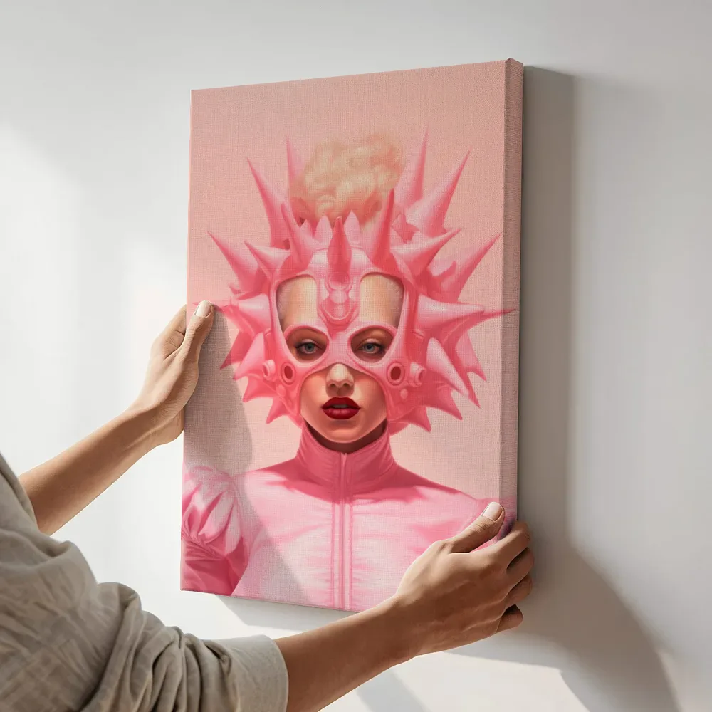 Sfeerimpressie: Roze stekelmasker terwijl het aan de muur wordt gehangen