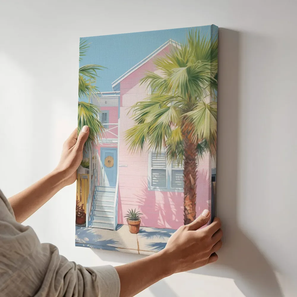 Sfeerimpressie: Roze strandhuisje terwijl het aan de muur wordt gehangen