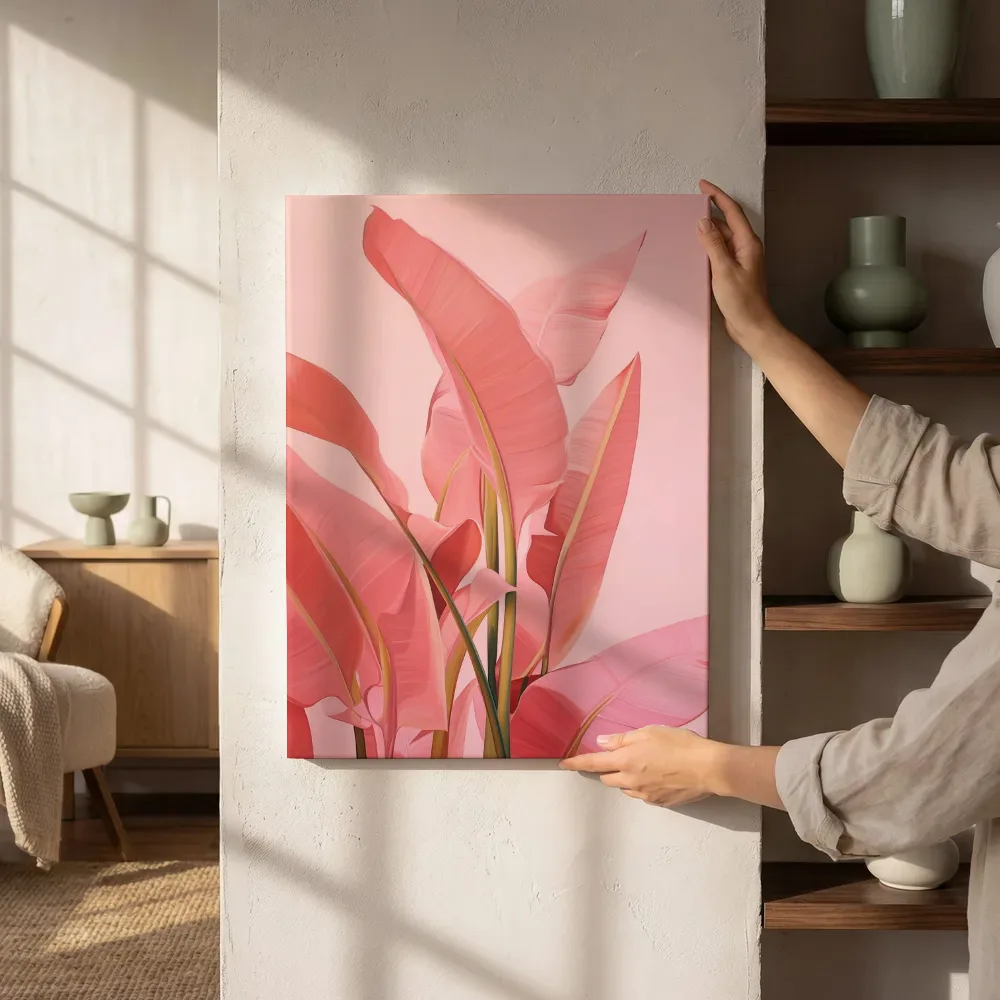 Sfeerimpressie: Roze strelitzia bladeren naast de kast