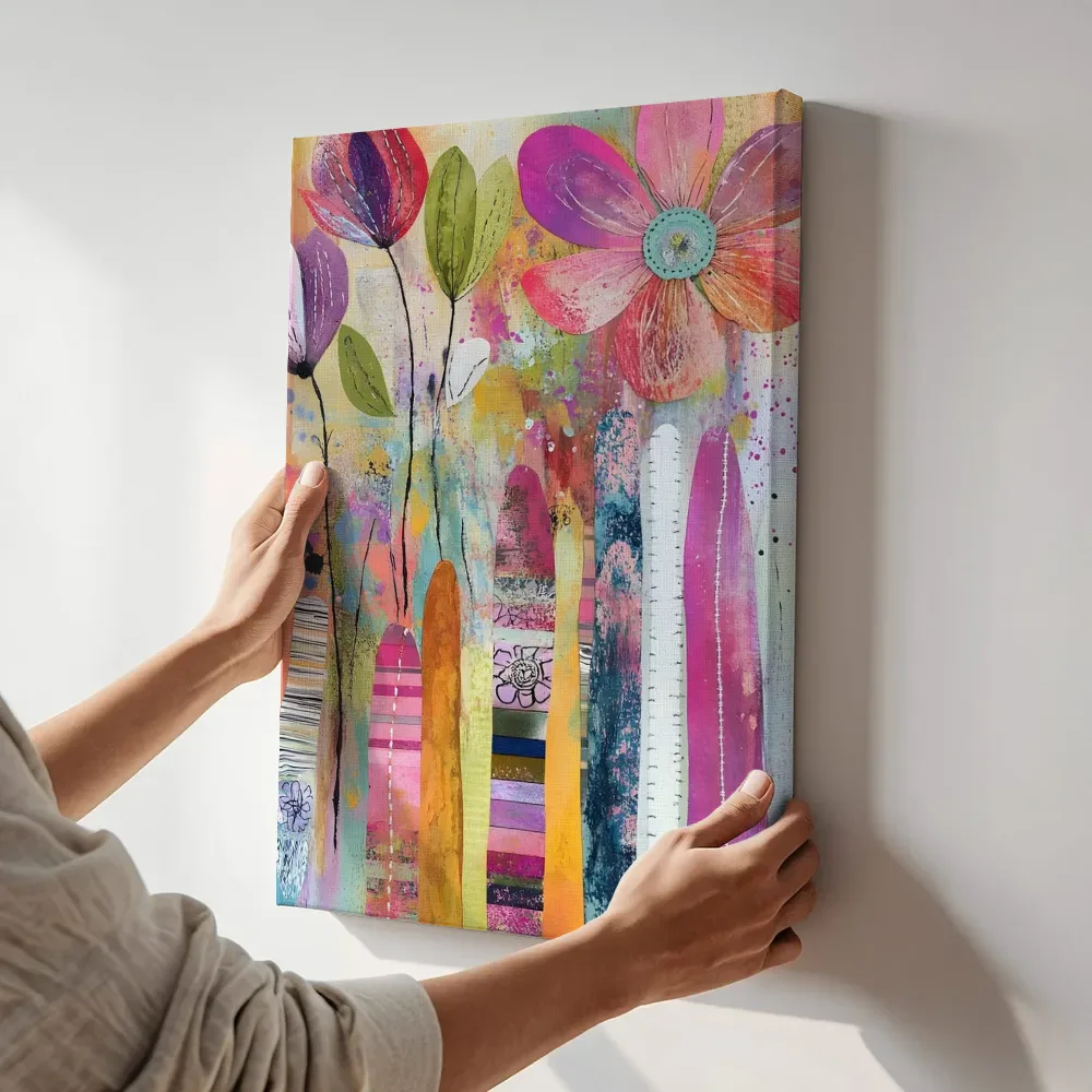 Sfeerimpressie: Roze tulpen en grote bloesem terwijl het aan de muur wordt gehangen