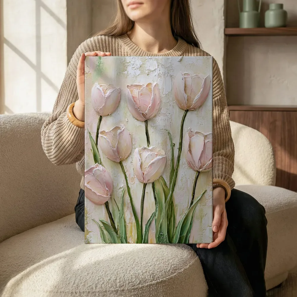 Sfeerimpressie: Roze tulpen terwijl het zittend wordt getoond