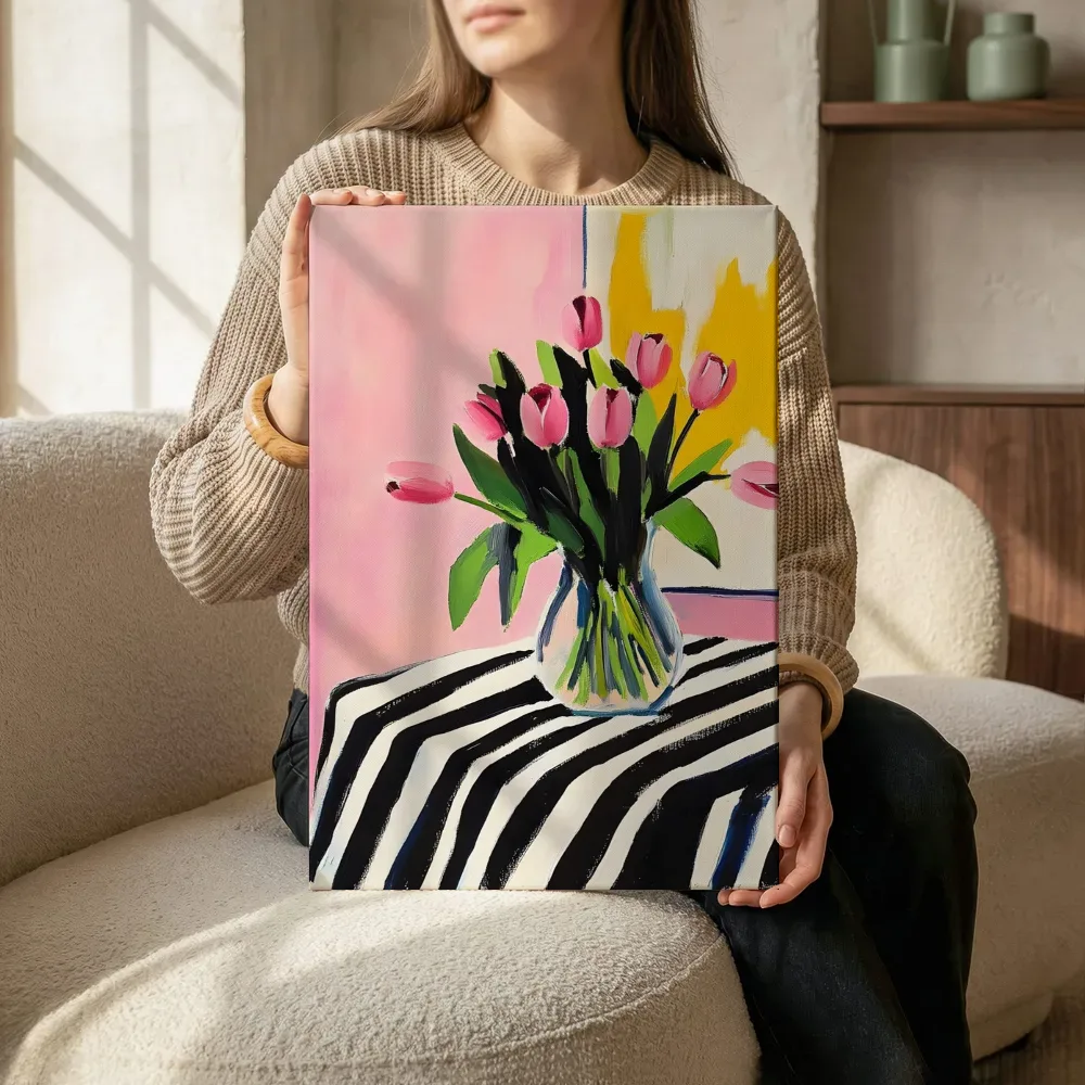 Sfeerimpressie: Roze tulpen in glazen vaas terwijl het zittend wordt getoond
