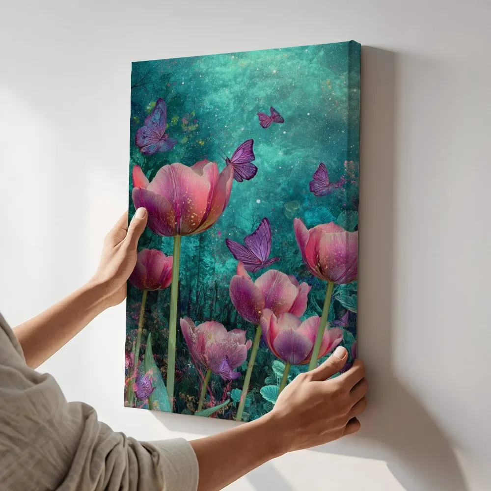 Sfeerimpressie: Roze tulpen onder de sterrenhemel terwijl het aan de muur wordt gehangen