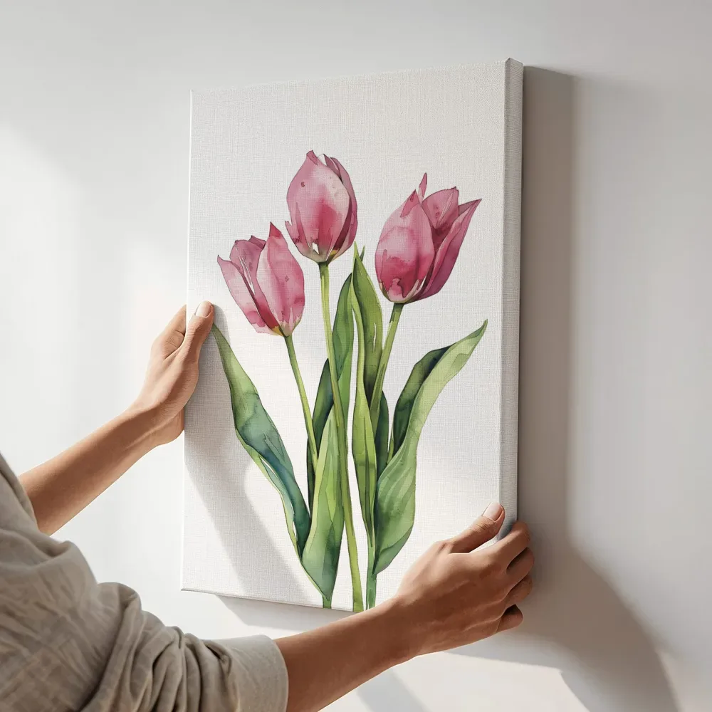 Sfeerimpressie: Roze tulpen boeket terwijl het aan de muur wordt gehangen