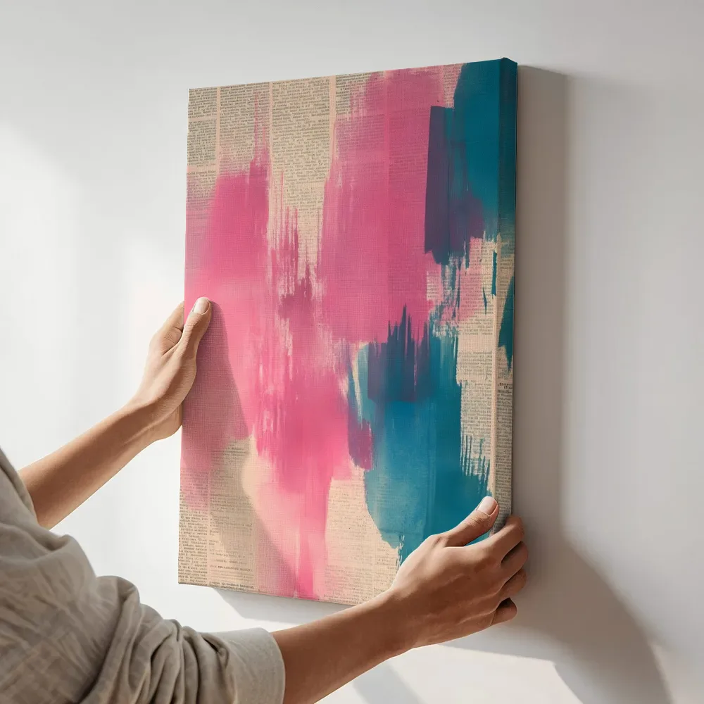 Sfeerimpressie: Roze turquoise penseelstreken terwijl het aan de muur wordt gehangen