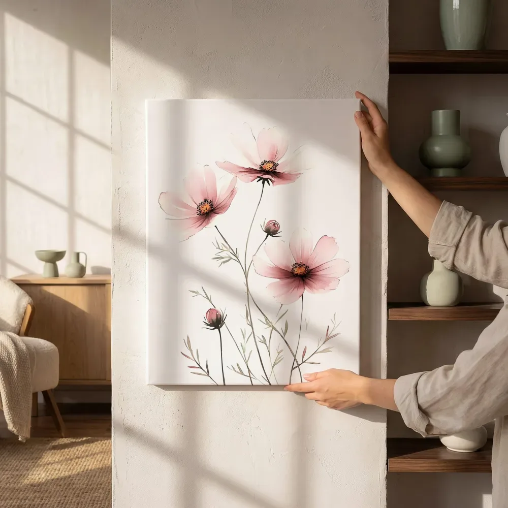 Sfeerimpressie: Roze veldbloemen aquarel naast de kast