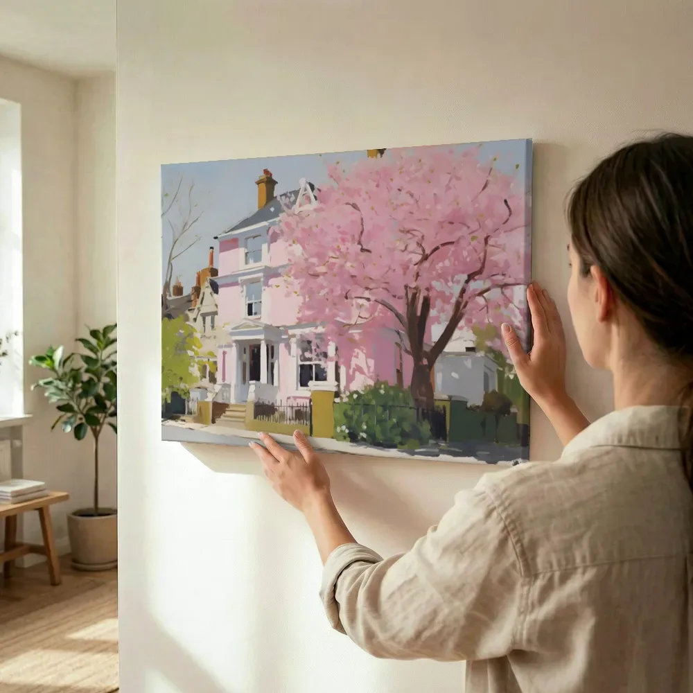 Sfeerimpressie: Roze Victoriaans huis met bloesem terwijl het wordt opgehangen