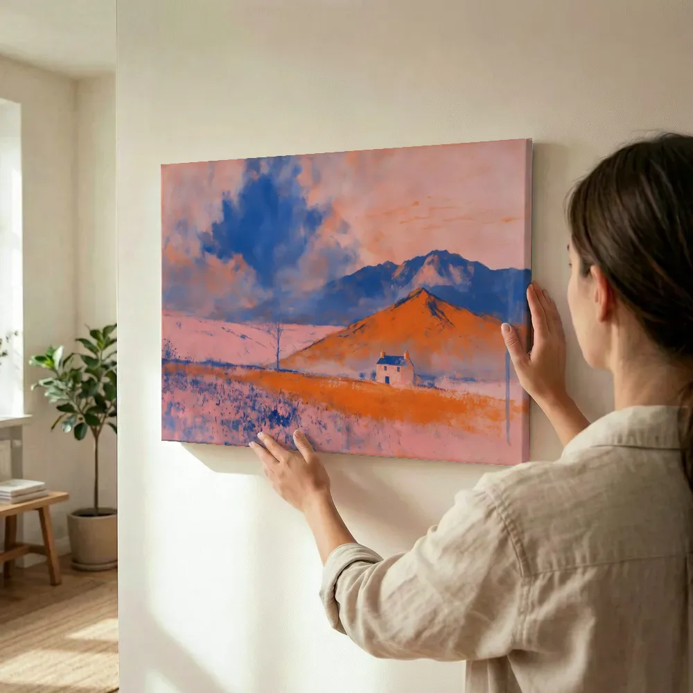 Sfeerimpressie: Roze vlakte met een oranje berg terwijl het wordt opgehangen