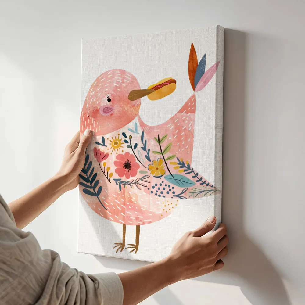 Sfeerimpressie: Roze vogel met hotdog terwijl het aan de muur wordt gehangen