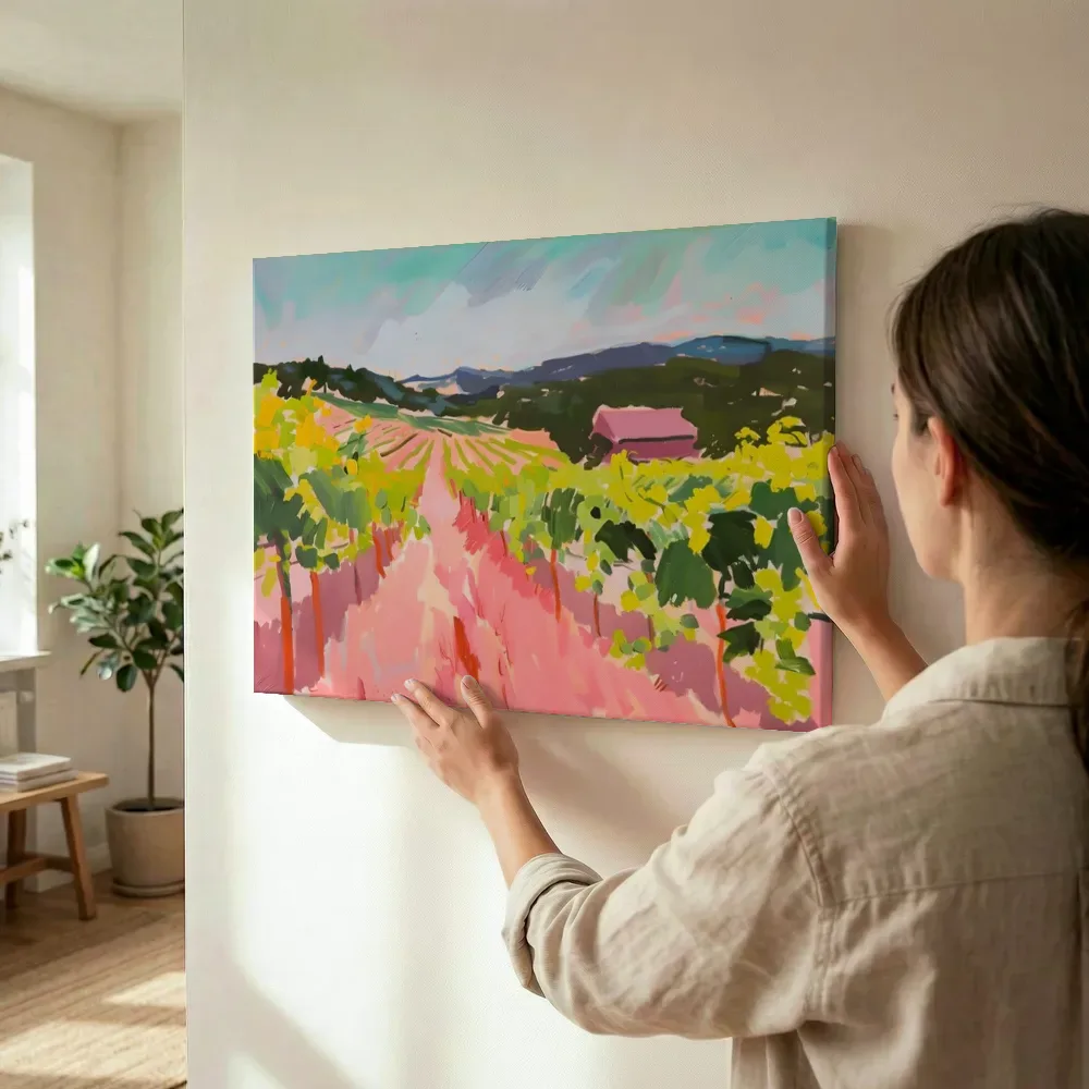 Sfeerimpressie: Roze wijngaard landschap terwijl het wordt opgehangen