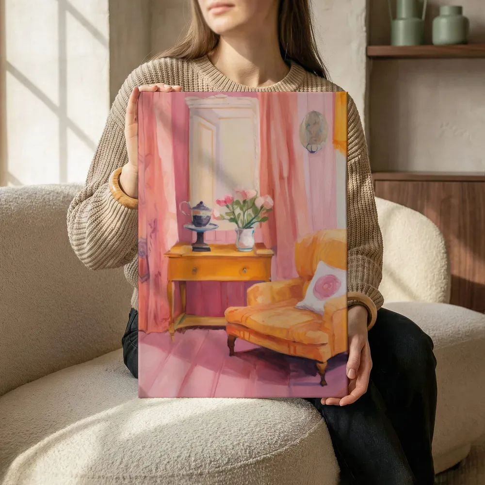 Sfeerimpressie: Roze zithoek met oranje fauteuil naast de kast