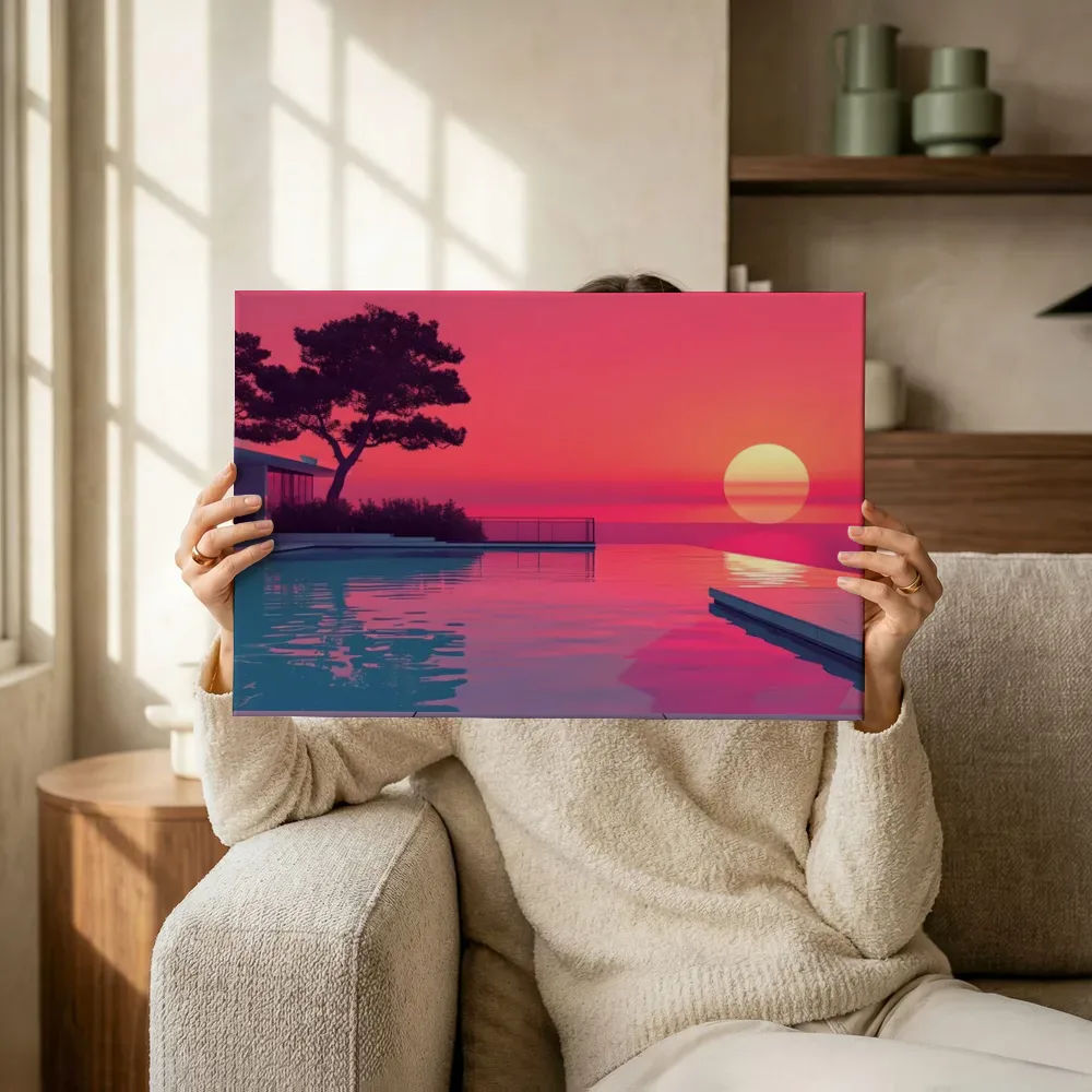 Sfeerimpressie: Roze zonsondergang bij infinity pool terwijl het omhoog wordt gehouden