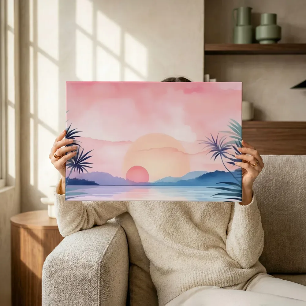 Sfeerimpressie: Roze zonsondergang boven meer met palmbomen terwijl het omhoog wordt gehouden