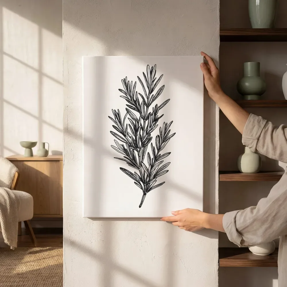 Sfeerimpressie: Rozemarijntak botanische tekening naast de kast