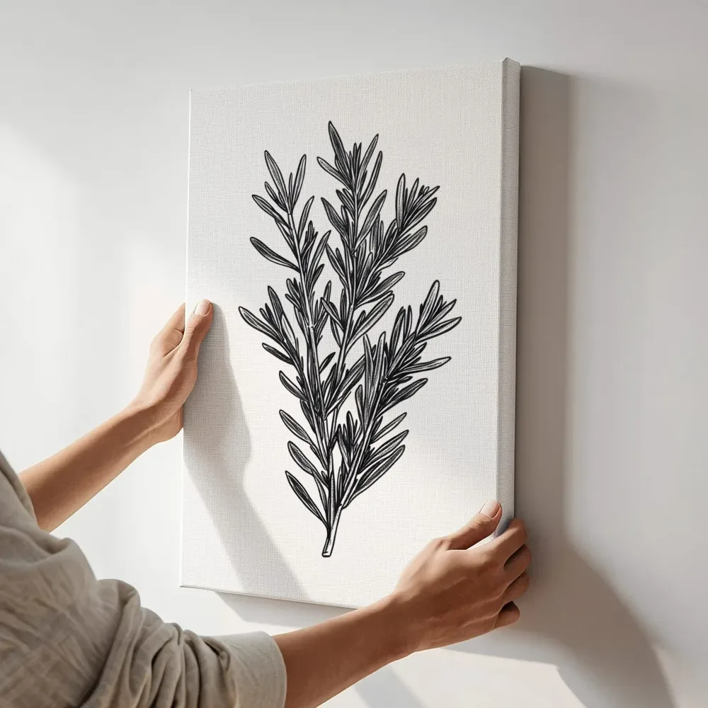 Sfeerimpressie: Rozemarijntak inkttekening terwijl het aan de muur wordt gehangen