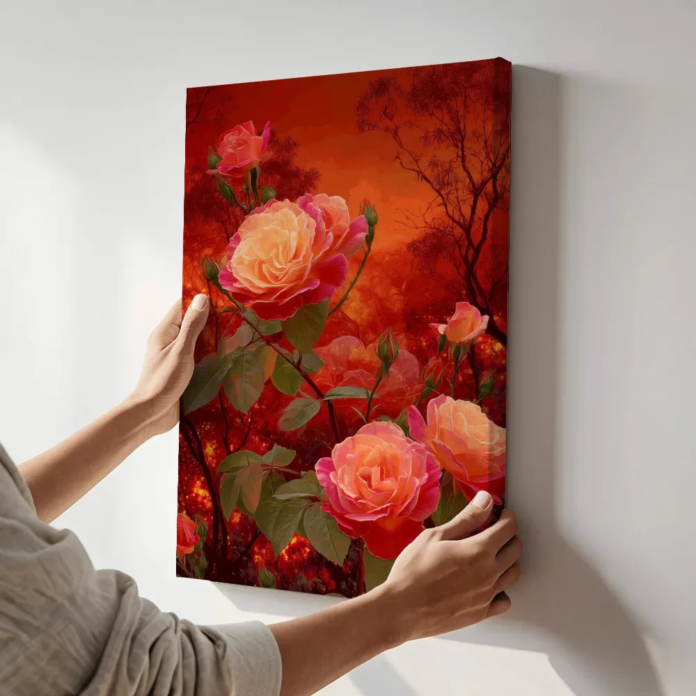 Sfeerimpressie: Rozen bij de vurige zonsondergang terwijl het aan de muur wordt gehangen