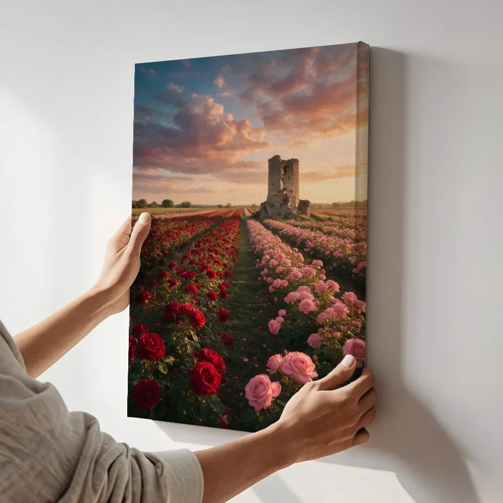 Sfeerimpressie: Rozen bij het gouden uur 2 terwijl het aan de muur wordt gehangen