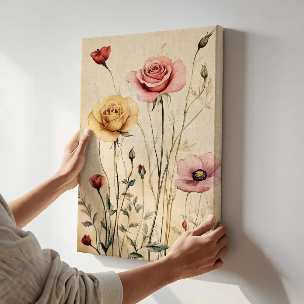 Sfeerimpressie: Rozen en klaprozen aquarel terwijl het aan de muur wordt gehangen