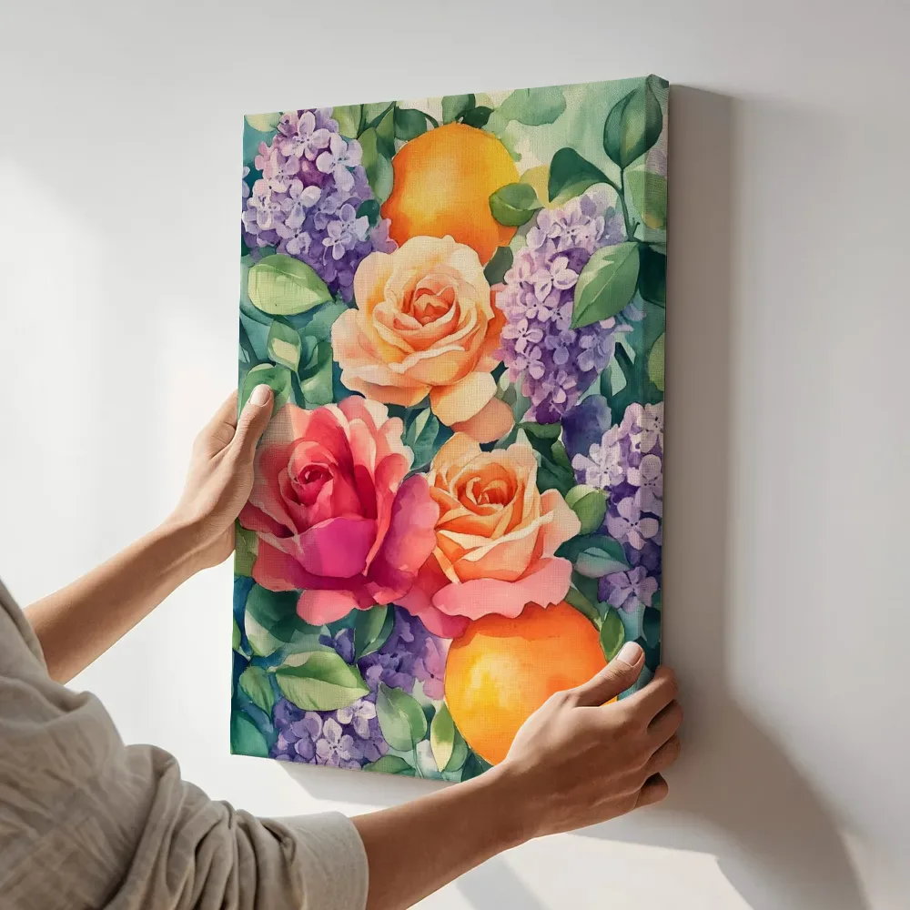 Sfeerimpressie: Rozen en sering boeket terwijl het aan de muur wordt gehangen