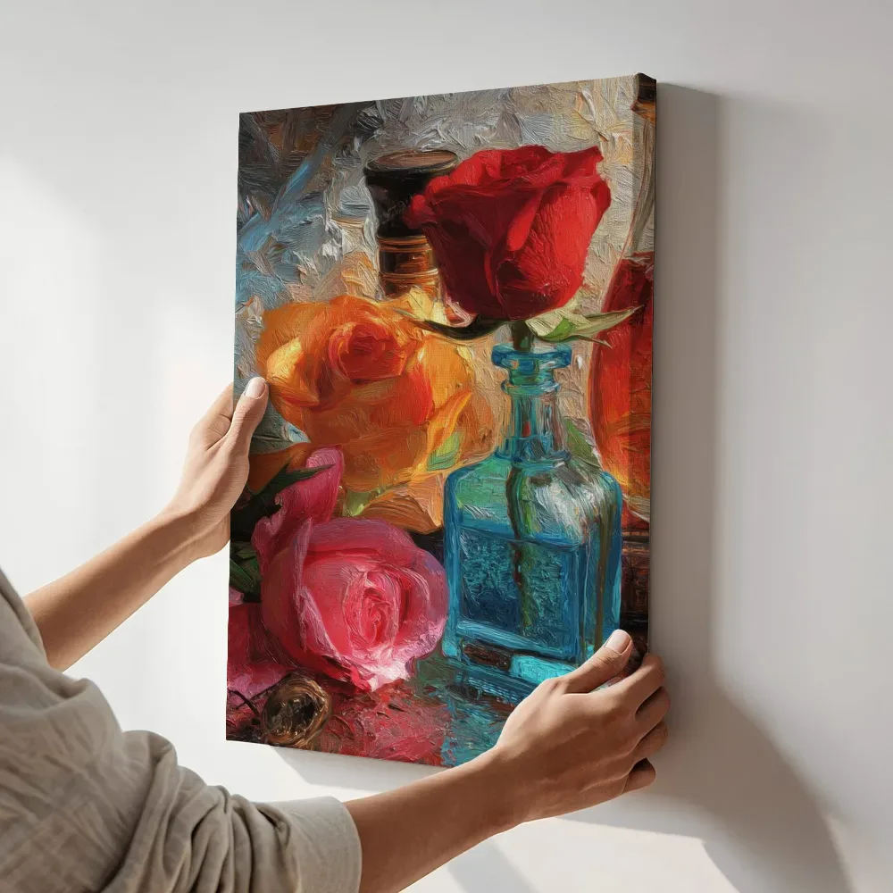 Sfeerimpressie: Rozen bij een turquoise flacon terwijl het aan de muur wordt gehangen