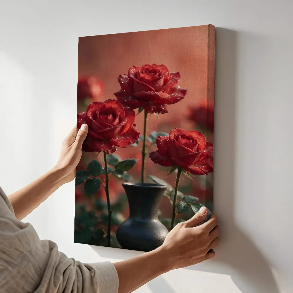 Sfeerimpressie: Rozen in de dauw, dieprood 2 terwijl het aan de muur wordt gehangen