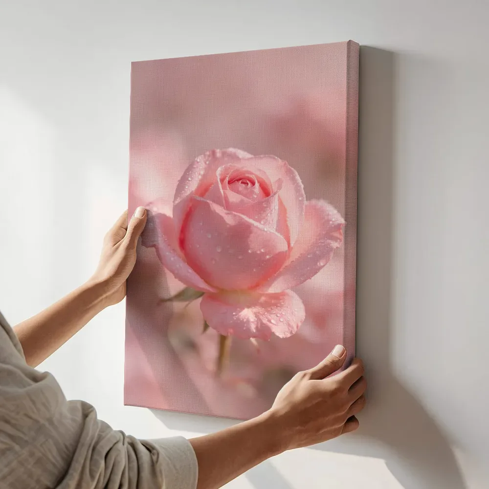 Sfeerimpressie: Rozen in de dauw, zachtroze terwijl het aan de muur wordt gehangen