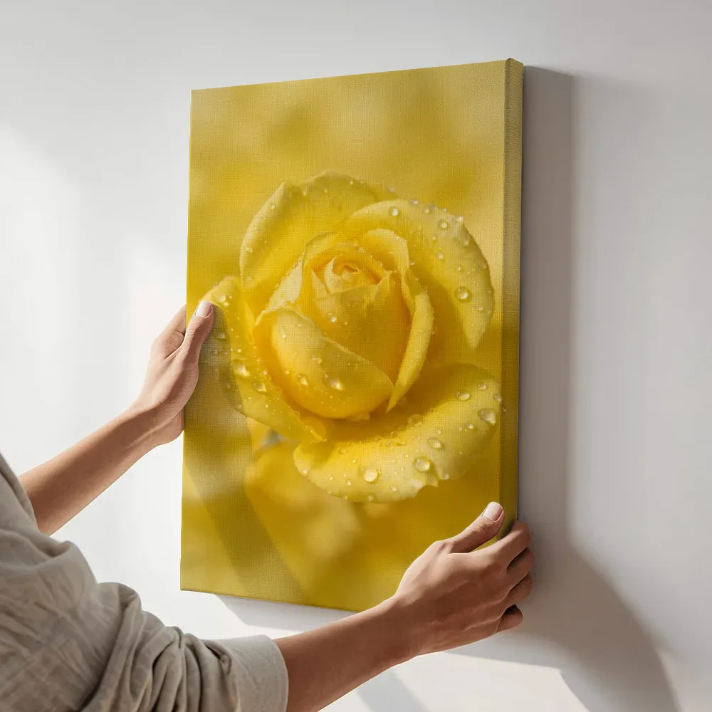 Sfeerimpressie: Rozen in de dauw, zonnegeel 2 terwijl het aan de muur wordt gehangen