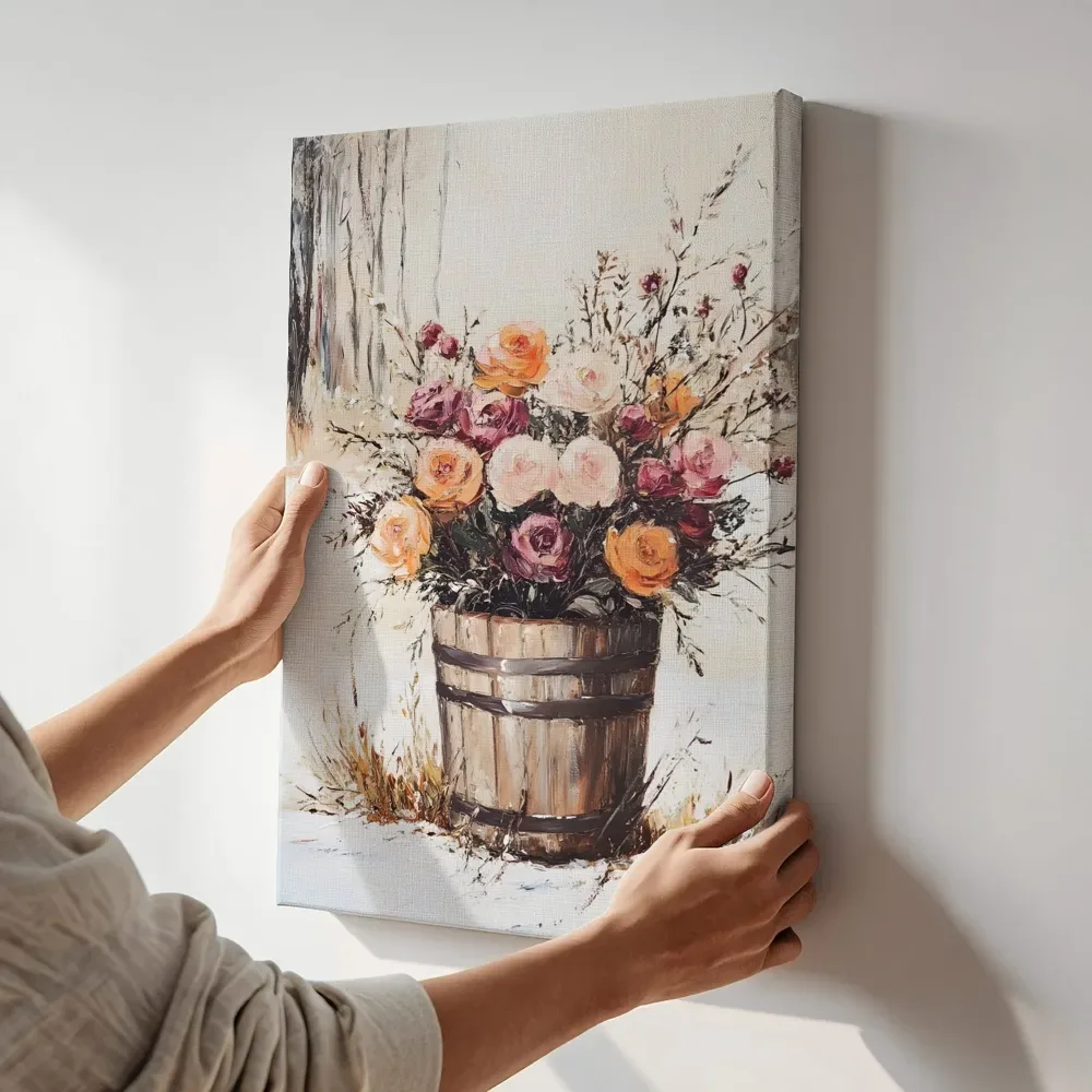 Sfeerimpressie: Rozen in houten ton wintertafereel terwijl het aan de muur wordt gehangen
