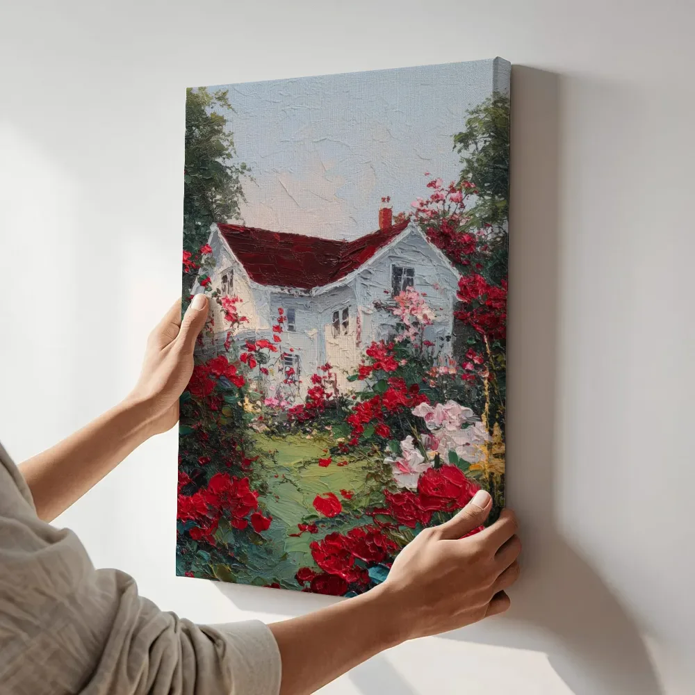 Sfeerimpressie: Rozenhuisje met rood dak terwijl het aan de muur wordt gehangen