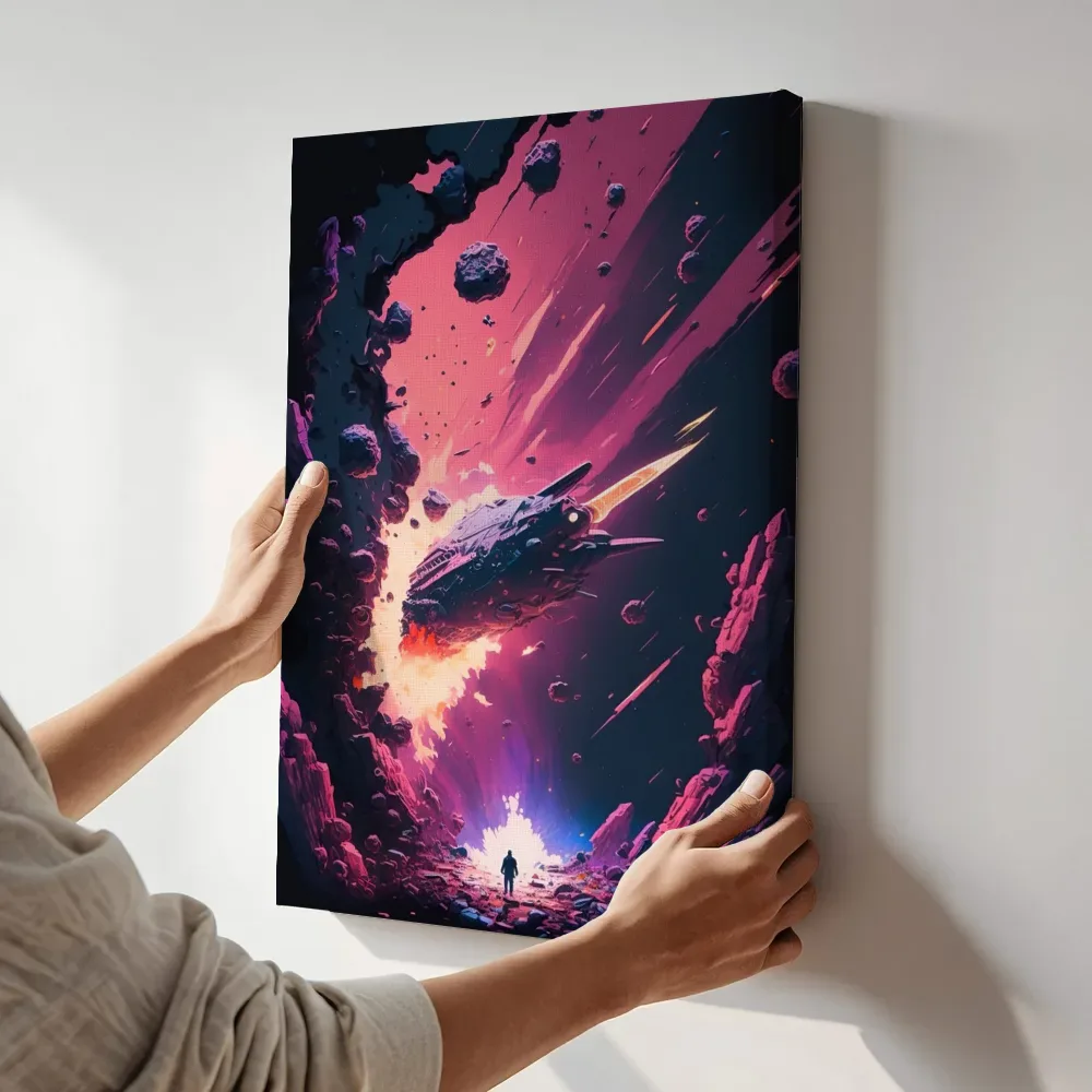 Sfeerimpressie: Ruimteschip tussen de asteroïden terwijl het aan de muur wordt gehangen